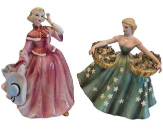 1466 - 2 Ceramic Lady Flower Planter Vases (Description): These decorative ceramic figurines depict  elegant ladies in flowing gowns. Measures 7 x  5 x 4.