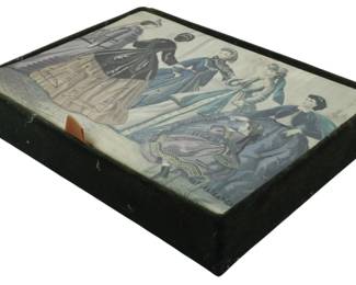 1737 - Satin Hanes Hosiery Box w/ Contents 2"x10"x8" (Description): Satin Hanes hosiery box with contents. The  box features a decorative lid depicting  Victorian-era women in fashionable dress.  Measures 2 inches high by 10 inches wide by 8  inches deep.