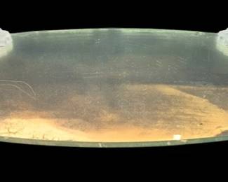 1468 - Vintage Oval Mirrored Vanity Tray w/ Glass (Description): Featuring frosted glass handles molded into a  sunflower design, likely produced by  Imperial Glass for the IRICE Company during  the 1940s. Measures 19.25 x 8.5.