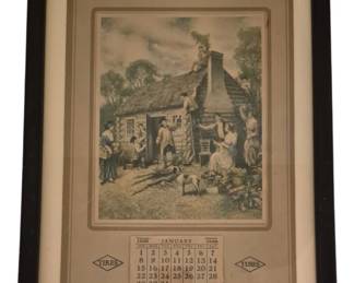 3935 - 1928 Goodrich Silvertowns Calendar (Description): A 1928 Goodrich Silvertowns advertising  calendar, professionally framed. The calendar  features a nostalgic colonial scene  depicting early American settlers  constructing a log cabin, with the January 1928 calendar page displayed below. The piece  advertises Goodrich Tires and Tubes,  distributed by J.J. Felthaus "The Goodrich  Man" of Richmond, Virginia. Presented in a  black frame, measuring 19 inches by 13