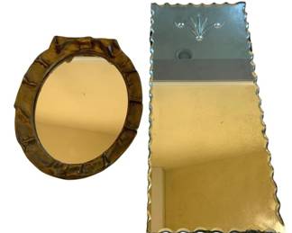 1164 - Group of 2 Vintage Mirrors (Description): Group of two mirrors. The lot includes a  rectangular mirror size 18 x 8 with scalloped  edges and etched floral design, along with  an oval mirror with a decorative frame.