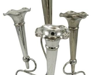 714 - C. & C.G. Silver Plate Epergne 12" (Description): A silver plate epergne by C. & C.G. featuring  a central trumpet vase surrounded by four  smaller trumpet vases, all with ruffled  edges, mounted on an elegant scrolled wire  base. Measures 12 inches.