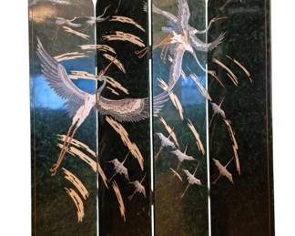 477 - Asian Lacquered 4 Panel Double Sided Screen (Description): 70 x 65 with incised cranes