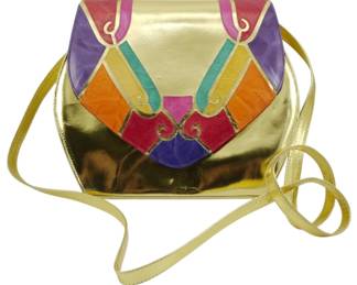 1856 - Vtg Margaret Jerrold Purse w/ Storage Bag (Description): Vintage Margaret Jerrold purse accompanied by  its original storage bag. The purse features  a colorful geometric design on the flap with  a gold metallic body and a long shoulder  strap. Measures 8 inches wide by 10 inches tall by 3 inches deep.
