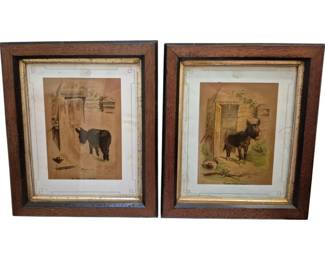 3756 - Pr Vtg Framed Donkey Prints in Wood Frames (Description): Pair of vintage framed prints depicting  donkeys in rustic farmyard settings. Each  print is housed in a walnut wood frame with  gilt inner border and matting. The prints  appear to be chromolithographs with captions beneath each image. Frames measure 12" x 10".