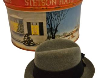 2733 - Vtg Stetson Mini Salesman Sample Hat w/ Tin (Description): With original lithograph tin hat box of   winter scene with a yellow car - size 3 x 4.5  x 4.  Mini plastic hat.  These were  typically used as promotional gifts or  samples.