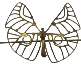 869 - Brass Butterfly Hair Bun Cover 3"x4" (Description): Brass butterfly hair piece featuring an  openwork wing design with a slide-through pin  closure. Measures 3 inches by 4 inches.