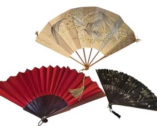1439 - Group of 3 Vintage Folding Fans (Description): 2 Victorian Fans Silk w/ Figures