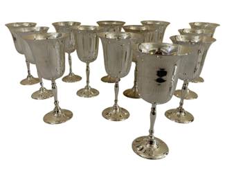 1687 - 13 Leonard Silver Plated Goblets 7.5" (Description): Each goblet features an elegant tulip-shaped  bowl on a slender baluster stem with a round  foot. Measures 7.5 inches in height.