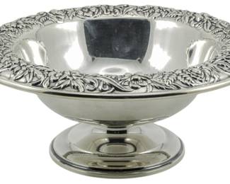 83 - S. Kirk & Son Sterling Compote 4"x9" (Description): S. Kirk & Son sterling silver compote  featuring a repousse floral border on the  rim. The footed bowl measures 4 inches in  height by 9 inches in diameter. 21.12oz total  weight.