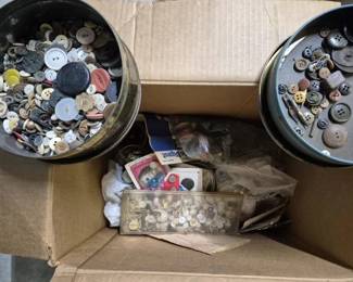 4110 - Box Lot of Vintage Buttons & Sewing Notions (Description): A box lot of buttons featuring a varied  assortment in multiple tins and containers.  The collection includes buttons of various  sizes, colors, and materials including mother  of pearl, plastic, metal, and fabric-covered examples. Also included are assorted sewing  notions and ephemera.