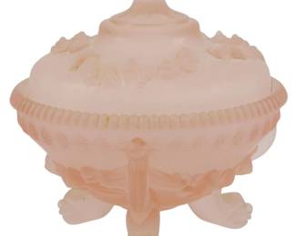 1875 - Vtg Pink Frosted Glass Candy Bowl w/ Lid (Description): Vintage pink frosted glass candy bowl with  lid. The piece features decorative molded  details and stands on ornate feet. Measures 7  inches.