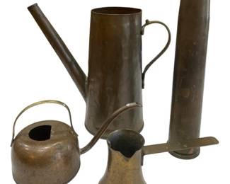 659 - Collection of copper pot metal pieces (Description): The assortment includes various copper  vessels showcasing traditional metalwork  craftsmanship.