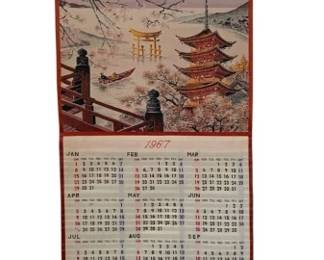 1367 - 1967 Oriental Scroll Calendar 11.5"x39" (Description): A 1967 oriental scroll calendar featuring  traditional Asian imagery. The calendar  measures 11 1/2 inches by 39 inches.