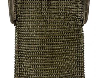 158 - Vintage Whiting & Davis Mesh Handbag (Description): Vintage Whiting & Davis mesh handbag  featuring a decorative metal frame with  ornate engraving and a ball clasp closure.  The bag is constructed of fine metal mesh in  a classic chainmail style with a scalloped bottom edge. Measures 6.5 inches by 4 inches