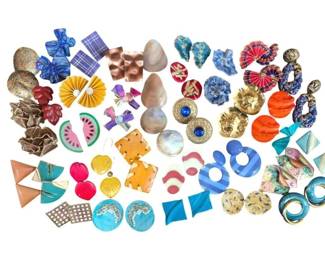 1498 - Collection of Vintage Earrings (Description): A collection of vintage clip-on & pierced  earrings featuring an assortment of colorful  and eclectic designs. The grouping includes  various styles in materials such as enamel,  plastic, metal, mother of pearl, and fabric. Designs range from geometric shapes and fan  motifs to whimsical watermelon slices,  shells, and abstract forms. Colors span the  spectrum including turquoise, pink, gold,  blue, orange, and earth tones. An excellent