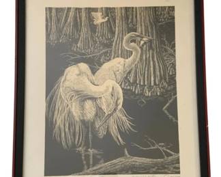 1401 - American Egrets 1979 by Dick Bernard 17"x21" (Description): Pencil signed & numbered 817/1000, framed.