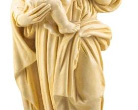 842 - A. Santini Madonna & Child Resin Figure 14.5" (Description): A. Santini Madonna and Child resin figure.  This devotional sculpture depicts the Virgin  Mary holding the infant Christ in a tender  embrace. The figure is mounted on a round  black base. Measures 14.5 inches in height.