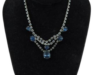 1937 - Vtg Art Deco Blue Rhinestone Necklace (Description): Vintage Art Deco necklace featuring  decorative blue & white rhinestones in a  classic period design.