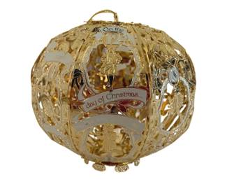 361 - Baldwin Story Bell Christmas Ornament 5.5" (Description): Story Bell Christmas ornament featuring the  "Twelve Days of Christmas" theme. This  decorative gold-toned ornament displays  intricate openwork design with holiday  imagery and text reading "On the 12th day of Christmas... my true love gave to me."