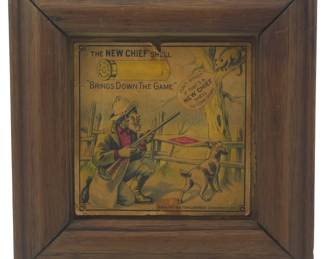 874 - Western Cartridge Co. Shell Ad Framed (Description): Western Cartridge Co. "New Chief Shell"  advertisement, framed. The vintage  advertising piece features the company's  promotional artwork for their New Chief Shell  ammunition. Measures 6.5 inches by 6.5 inches.