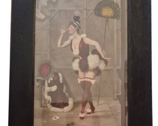 3735 - Vtg Framed French Vaudeville Lady Print (Description): Vintage framed print depicting a lady in a  theatrical or burlesque setting. The  hand-tinted photographic print shows a woman  in a revealing costume with feathered trim,  stockings, and heeled shoes, posed in an interior scene with decorative fans.  Presented in a dark oak frame. Measures 23.5  inches by 17.5 inches.