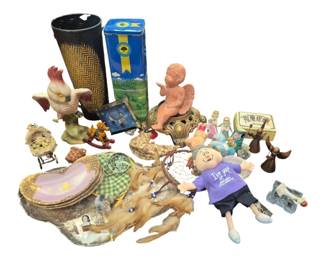 2725 - Group Misc Decorative Items & Collectibles (Description): A miscellaneous group of decorative items and  collectibles including a ceramic rooster  figurine, cherub figure on ornate base, woven  basket vase, blue sunflower tin, decorative  plates with floral designs, dream catcher with feathers, plush bunny doll, small  trinket boxes, miniature figurines, pin  cushion, and various other decorative  objects.