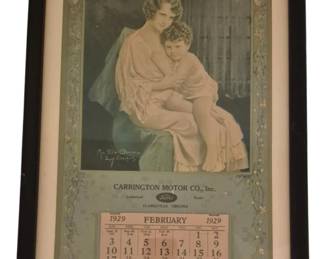 3936 - 1929 Ford Motor Company Advertising Calendar (Description): 1929 Ford Motor Company advertising calendar  from Carrington Motor Co., Inc., an  authorized Ford dealer in Clarksville,  Virginia. The calendar features a sentimental  illustration of a mother and child by artist M. De Goncza, with a decorative floral  border in muted green and cream tones. The  February 1929 calendar page is displayed,  with an advertisement for "Genuine Oliver  Repairs" at the bottom. Presented in a black