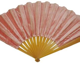 1716 - Vintage Oriental Cloth Fan 13"x22" (Description): Vintage Oriental cloth fan with wooden  sticks. Measures 13 inches by 22 inches when  fully open.