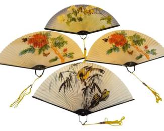 1445 - Four Vtg Hand-Painted Folding Paper Fans (Description): Four vintage folding paper fans, each  measuring 7 inches long. The fans feature  hand-painted designs on pleated paper with  black guards, including floral motifs with  red and yellow flowers, and a bird perched on a branch. Each fan has an attached yellow  tassel cord.
