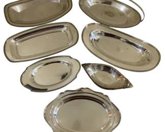 1674 - Assorted Silver Plate Serving Pieces (Description): Various trays and dishes in different shapes  and sizes.