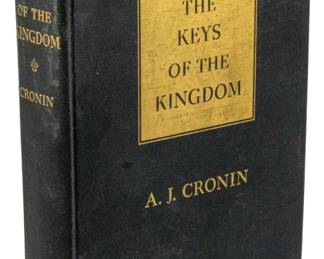 799 - 1941 1st Ed. The Keys of the Kingdom Cronin (Description): The Keys of the Kingdom by A.J. Cronin, first  edition published in 1941 by Little, Brown  and Company. This novel tells the story of a  Scottish Catholic priest and his missionary  work in China. The book features a black cloth binding with gilt lettering on the  front cover and spine.