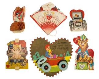 847 - Vtg Mechanical Movable Valentine's Day Cards (Description): Assorted vintage mechanical and movable  Valentine's Day cards featuring various  designs and interactive elements typical of  collectible holiday ephemera.