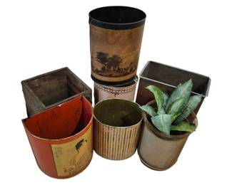 3809 - Vtg Trashcans & Waste Baskets Collection of 7 (Description): Collection of seven vintage trashcans and  waste baskets in assorted styles and  materials. The lot includes a tall  tole-painted cylindrical bin with pastoral  landscape scene, a wooden box-style waste bin, a red and cream tin with decorative  print, a brass ribbed cylindrical can, a  brown tole piece with pierced gallery rim, a  rectangular metal bin, and a mesh wire  basket. Various periods and conditions