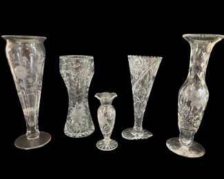 482 - 5 Cut Glass Vases, 1 Broken, As Is (Description): Collection of five cut glass vases in  assorted styles and sizes. One vase is  broken. Sold as is. Tallest 12.5"