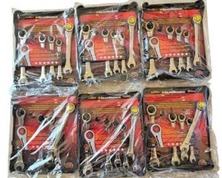2840 - Case of 6 GearWrench Ratcheting Wrench Sets (Description): A case of six GearWrench ratcheting  combination wrench sets, new in original  packaging. Each set appears to contain  multiple wrenches in various sizes, packaged  on the brand's signature red and black retail backing cards and sealed in plastic wrap.