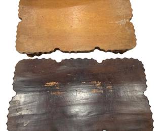 965 - 2 Wooden Trays w/ Scalloped Edges 20"x12" (Description): Pair of wooden trays featuring decorative  scalloped edges. The set includes one light  natural wood tray and one darker stained  tray, both showing age-related wear and  patina consistent with use. Each tray measures 20 inches by 12 inches.