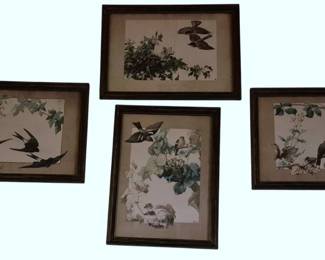612 - 4 Framed Bird & Botanical Art Prints 21x28 (Description): Set of four framed art prints featuring birds  and botanical subjects. Each print depicts  birds among foliage and flowering branches in  naturalistic compositions. The prints are  presented in matching dark wood frames with neutral matting.