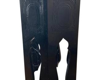 1412 - Oriental Side Table 12.5"x14.25"x19" (Description): Oriental side table featuring a hexagonal top  and decorative carved panel details on each  side. The base features characteristic  Moorish-style arched cutouts between the  legs.