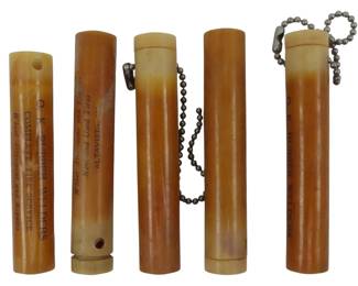 888 - Assorted Advertising Keychain Tubes (Description): Assorted advertising keychain tubes. These  promotional items feature printed text and  ball chain attachments.