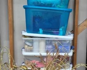 4141 - Group Lot Christmas Wrappings & Vases (Description): Group lot of Christmas wrappings and vases  with totes. Includes 11 totes total.