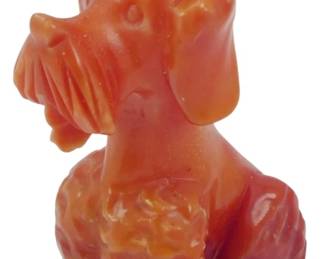 1867 - Italian Carved Carnelian Poodle Figure 4" (Description): Italian carved carnelian poodle figure. The  charming sculpture depicts a seated poodle  with characteristic stylized fur and topknot.  Measures 4 inches in height.