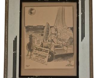 3979 - Framed Vtg Editorial Cartoon Crater Cars (Description): A framed vintage editorial cartoon titled  "Crater Cars" featuring a humorous space-age  scene of a used car lot on the moon. The ink  drawing depicts aliens selling spacecraft as  "Low Mileage Used Cars" with "Easy Terms - Light Years to Pay." The cartoon is signed  and dated August 1959. Presented in an Art  Deco style silver-toned frame with geometric  black corner accents on a mirrored mat.  Measures 11" x 9".