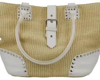 1850 - Worn Vintage Tanner Woven Purse 9"x14"x4" (Description): Worn vintage Tanner woven purse with white  leather trim and silver-tone studded  hardware. Features buckle closure and dual  handles. Measures 9 inches by 14 inches by 4  inches.