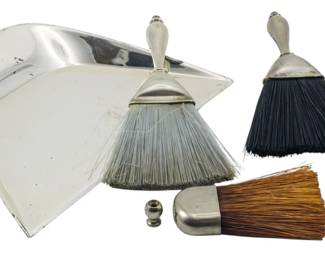 76 - Sterling Brush & Dustpan Set Various Makers (Description): A sterling silver brush and dustpan set  featuring pieces from various makers. The set  includes multiple brushes with sterling  handles and a coordinating sterling dustpan.