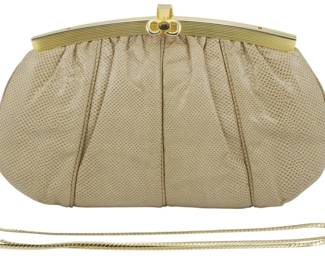 1859 - Vtg Judith Leiber Evening Purse (Description): Vintage Judith Leiber evening purse featuring  a gold-tone frame and chain strap. Measures  5 inches by 3 inches by 1.5 inches.