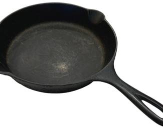 918 - Cast Iron Skillet #9, 8"x3" (Description): Displays classic black cast iron construction  with pour spouts on either side of the rim  and a traditional loop handle design.  Measurements are 9 inches and 8 inches by 3  inches. The cooking surfaces show characteristic seasoning patina from use.