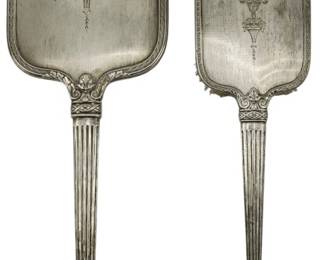174 - International Sterling Co. Mirror & Brush (Description): International Sterling Co. sterling silver  mirror and brush vanity set. The set includes  a hand mirror and matching hair brush, both  featuring elegant sterling silver handles.  Measures 15 inches, weighing 19.20 oz.