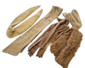 1303 - Vtg Blonde Mink Fur Wrap w/ Machine Work (Description): Vintage blonde mink fur wrap featuring  machine work construction. The lot includes  multiple fur pieces in warm honey and light  brown tones, comprising a stole, collar  pieces, and additional fur sections.