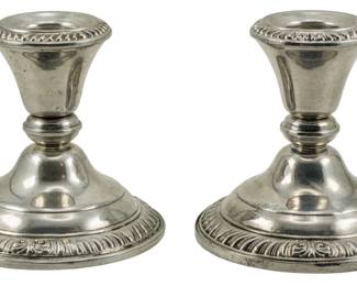 708 - Frank M. Whiting Co. Sterling Candleholders (Description): Pair of sterling weighted candleholders by  Frank M. Whiting Co. Each candleholder  measures 3.5 inches in height.